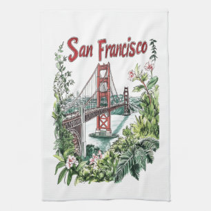 San Francisco Golden Gate Bridge Watercolor Design Tea Towel