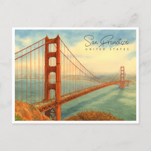 San Francisco Golden Gate Watercolor Travel  Holiday Postcard