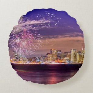 San Francisco New Year Fireworks Round Cushion