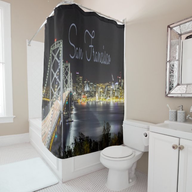 San Francisco Night Sky Line Golden Gate Bridge Shower Curtain (In Situ)