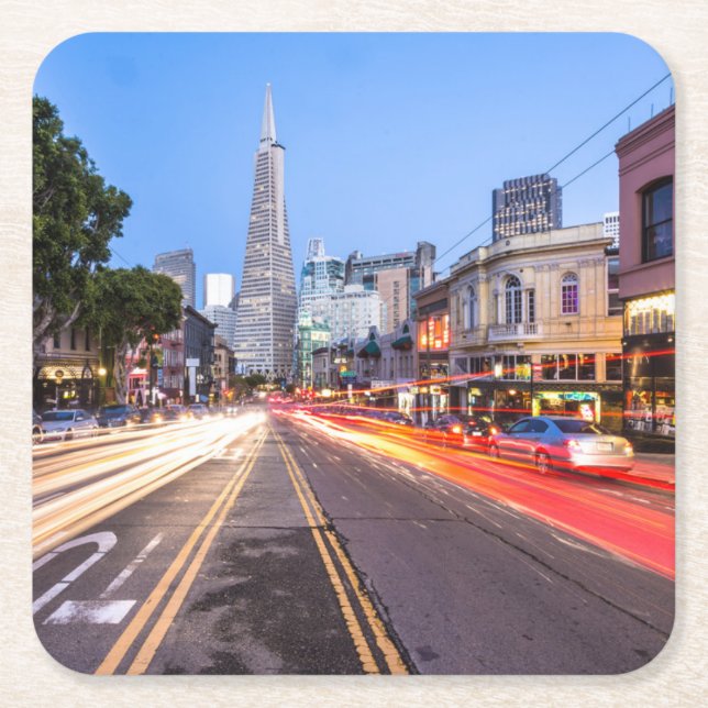 San Francisco North Beach Motion Blur Traffic Square Paper Coaster (Front)