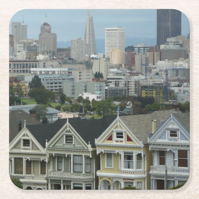 San Francisco Postcard Row City Scene Photography Square Paper Coaster (Front)