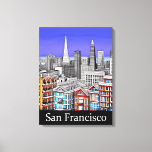 San Francisco Skyline Coloured Line Art   Canvas Print