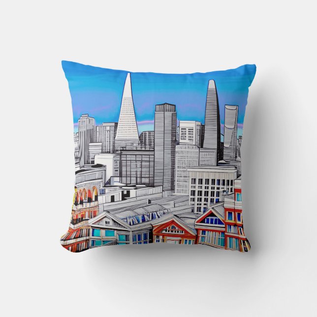 San Francisco Skyline Coloured Line Art  Cushion (Front)