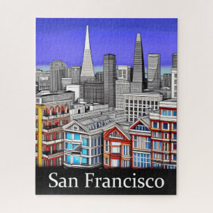 San Francisco Skyline Coloured Line Art Jigsaw Puzzle