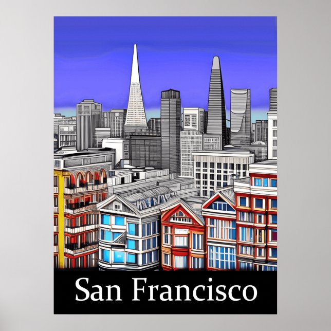 San Francisco Skyline Coloured Line Art   Poster (Front)