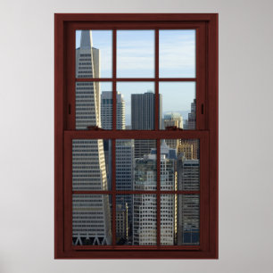 San Francisco Skyline Faux Cherry Wood Window Poster