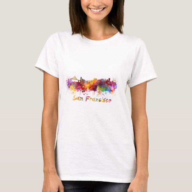 San Francisco skyline in watercolor background T-Shirt (Front)