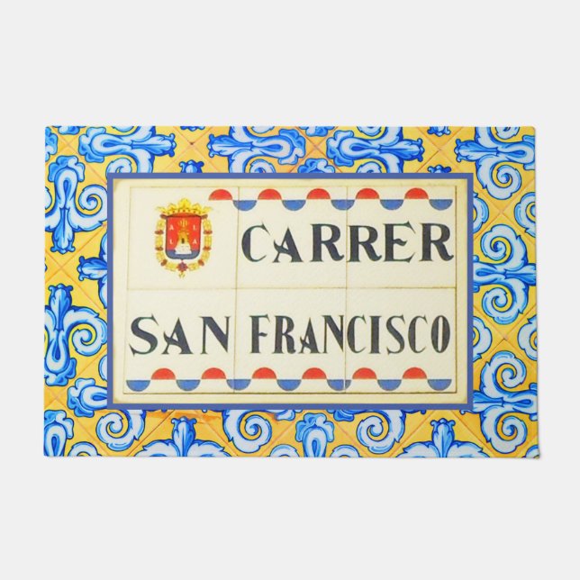 San Francisco Spanish Street Sign Yellow Blue Tile Doormat (Front)