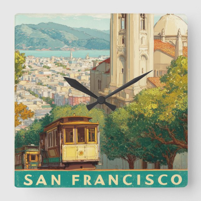 San Francisco Vintage Travel Poster Square Wall Clock (Front)