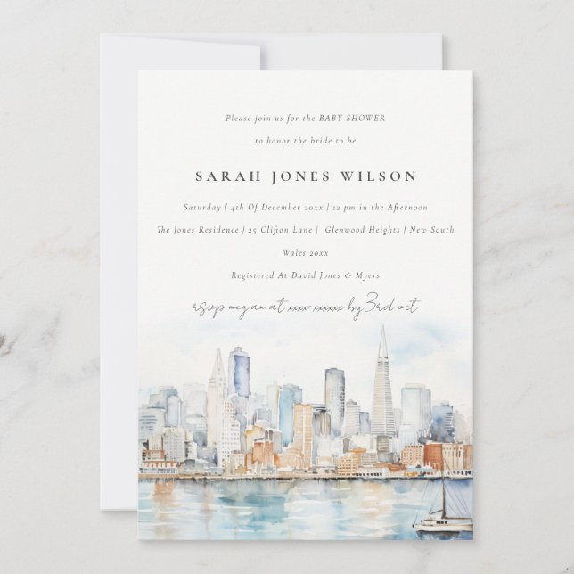 San Francisco Watercolor Landscape Baby Shower Invitation (Front)