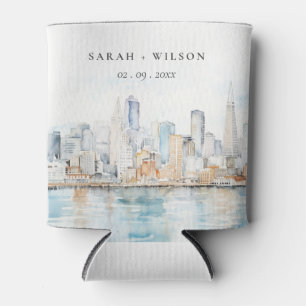 San Francisco Watercolor Landscape Wedding Can Cooler