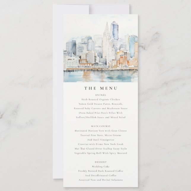 San Francisco Watercolor Landscape Wedding Menu Invitation (Front)
