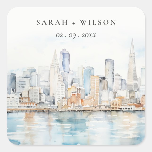 San Francisco Watercolor Landscape Wedding Square Sticker (Front)