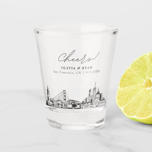 San Francisco Wedding Favour Personalised Cheers Shot Glass (Front)