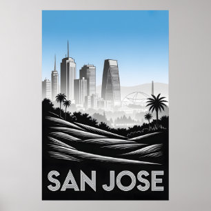 San Jose California Black White Woodcut Poster