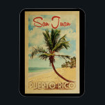 San Juan Palm Tree Vintage Travel Magnet<br><div class="desc">A uniquely retro mid-century modern San Juan Puerto Rico art print in vintage travel poster style. It features a curved palm tree on sandy beach with ocean under a blue cloudy sky.</div>