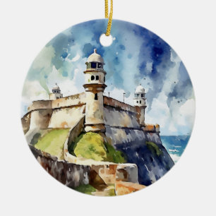 San Juan Puerto Rico Fort Morro Watercolor Ceramic Tree Decoration