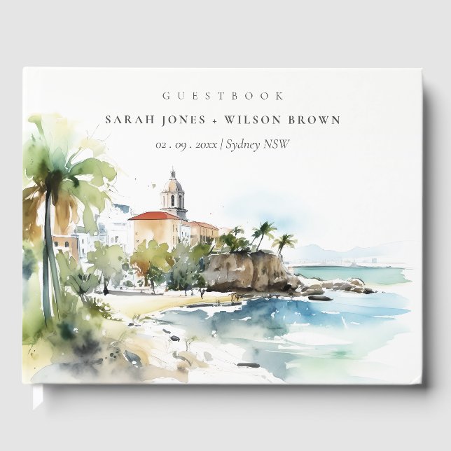 San Juan Puerto Rico Watercolor Landscape Wedding Guest Book (Front)