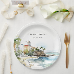San Juan Puerto Rico Watercolor Landscape Wedding Paper Plate