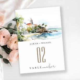San Juan Puerto Rico Watercolor Landscape Wedding Table Number