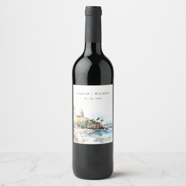San Juan Puerto Rico Watercolor Landscape Wedding Wine Label (Front)