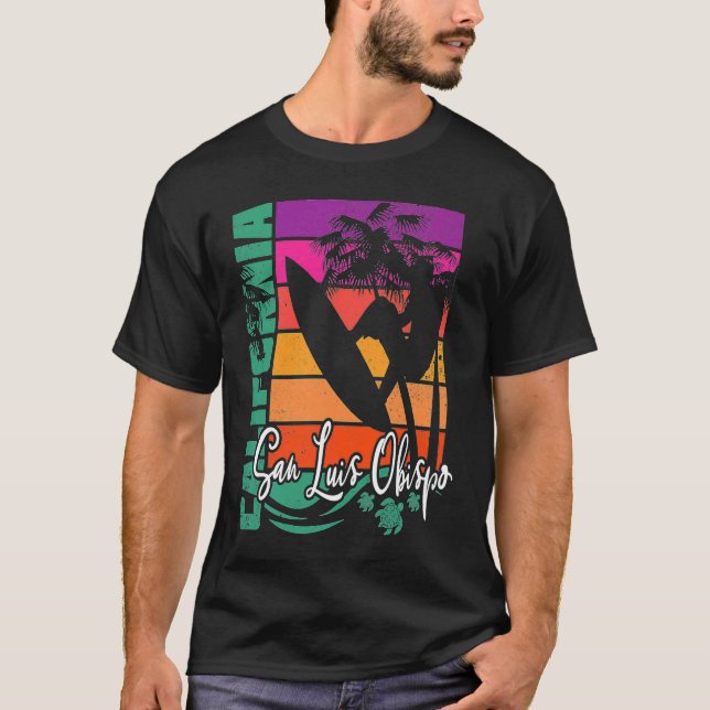 San Luis Obispo California Retro Sunset Beach Surf T-Shirt (Front)