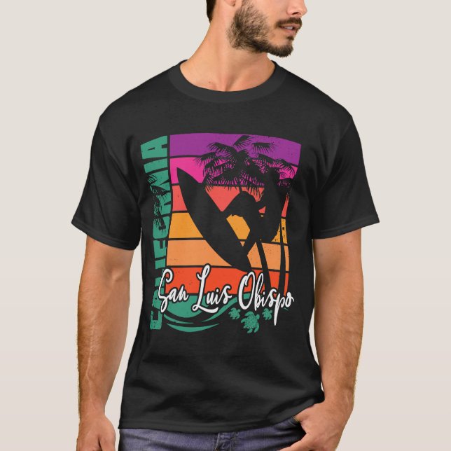 San Luis Obispo California Retro Sunset Beach Surf T-Shirt (Front)