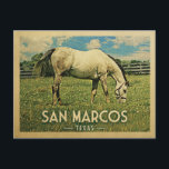 San Marcos Texas Horse Farm - Vintage Travel Postcard<br><div class="desc">San Marcos Texas rural vintage travel postcard.  It features a white horse grazing on green grass with fence and blue clouds sky above. A fun country farm image with rustic charm.</div>