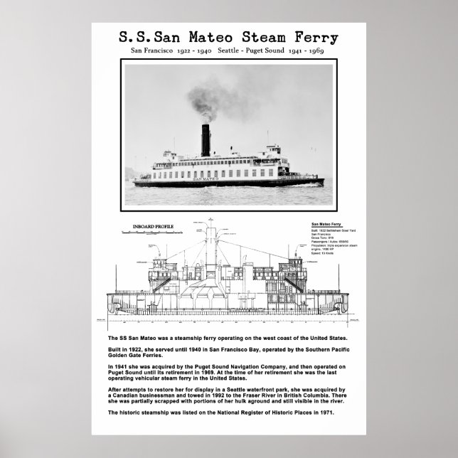 SAN MATEO Steam Ferry - 1922 - 1969 Poster (Front)