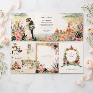 San Miguel de Allende Watercolor Wedding Tri-Fold Invitation