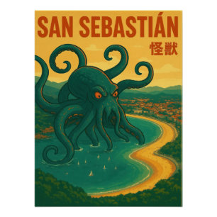 San Sebastian Octopus Attack Vintage Travel Poster