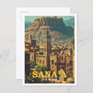 Sana'a Yemen Vintage Art Travel Illustration Postcard