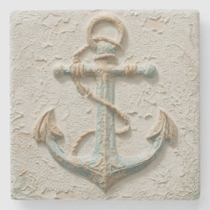 Sand and Aqua Coastal Anchor Art Stone Coaster