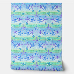 Sand and Sea Watercolor Starfish Blue Green Purple Wallpaper