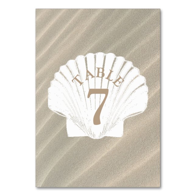 Sand and Seashell tan Wedding Table Number Card (Front)