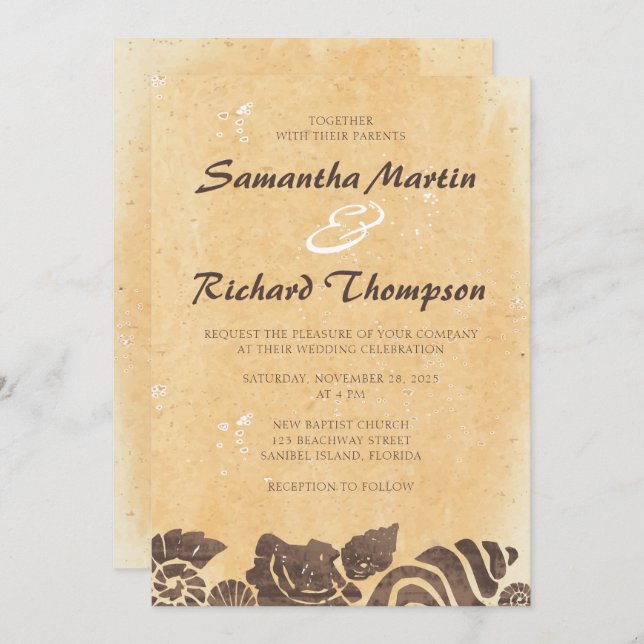 Sand and Seashells/Beach Wedding Invitation (Front/Back)