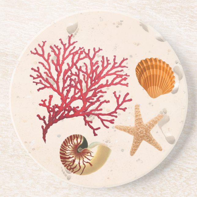Sand and seashells round sandstone coaster (Front)