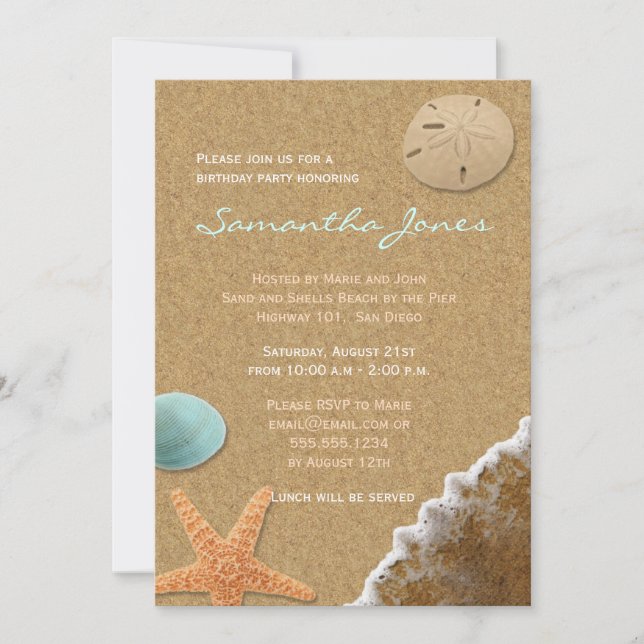 Sand and Shells Beach Birthday Party Invite (Front)