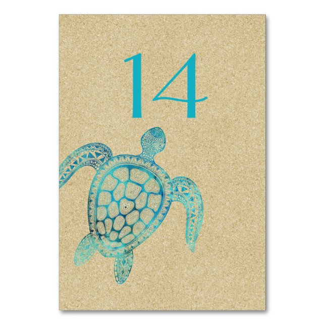 Sand and Turtle Wedding Table Number Card (Front)