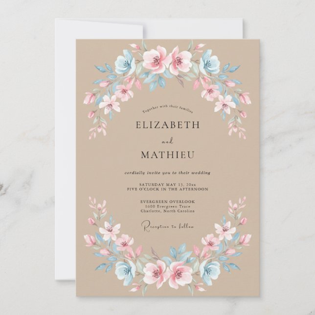Sand Azure Blush Wreath Wedding Invitation (Front)