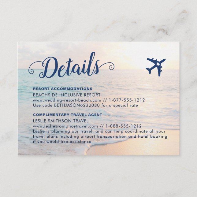 Sand Beach Wedding Details Accommodations Travel Enclosure Card (Front)