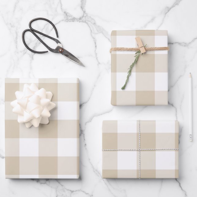 Sand Beige Gingham Check Plaid Neutral Farmhouse Wrapping Paper Sheet (Front)