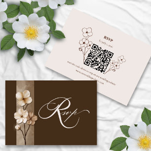Sand Beige Hand Drawn Floral QR Code RSVP Card