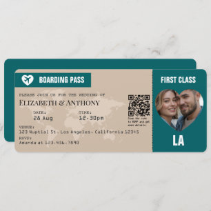 Sand Beige & Ocean Teal Boarding Pass Wedding Invitation