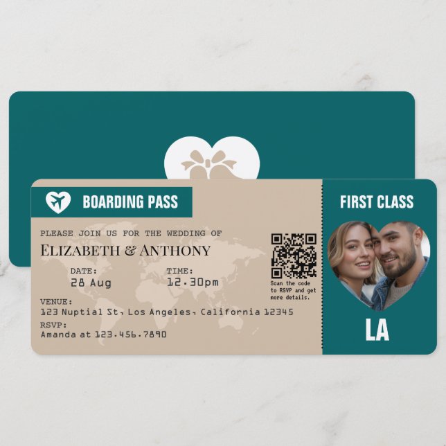 Sand Beige & Ocean Teal Boarding Pass Wedding Invitation (Front/Back)