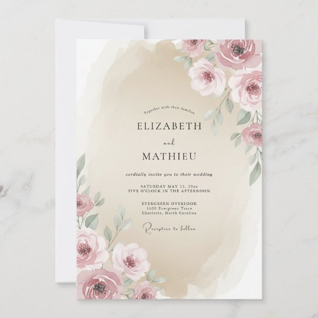Sand Beige Romantic Floral Wedding Invitation (Front)