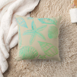 Sand Beige Seashell Ombre Aqua Coastal Beach House Cushion