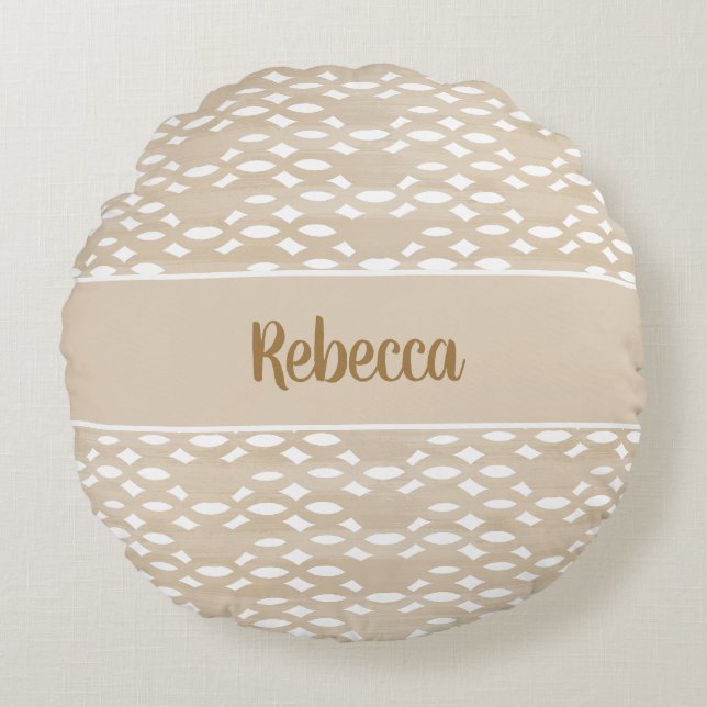 Sand Beige Wavy Chain Pattern Personalized Coastal Round Cushion (Front)
