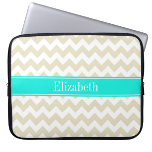 Sand Beige White Chevron Bright Aqua Name Monogram Laptop Sleeve